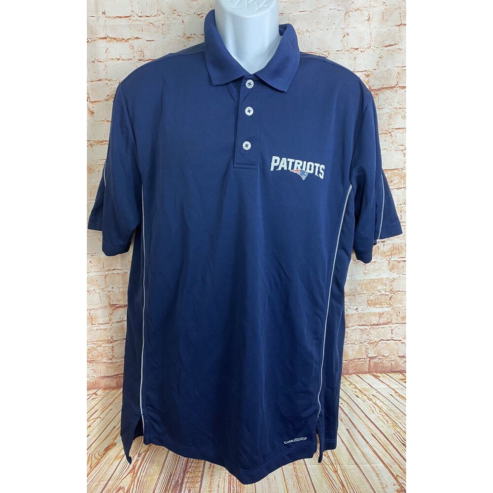 Men's Majestic NFL New England Patriots Polo Shirt Sz L Cool Base Blue Athletic